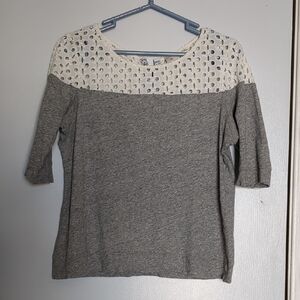 Anthropologie Gray Top with Cream Eyelet Yoke